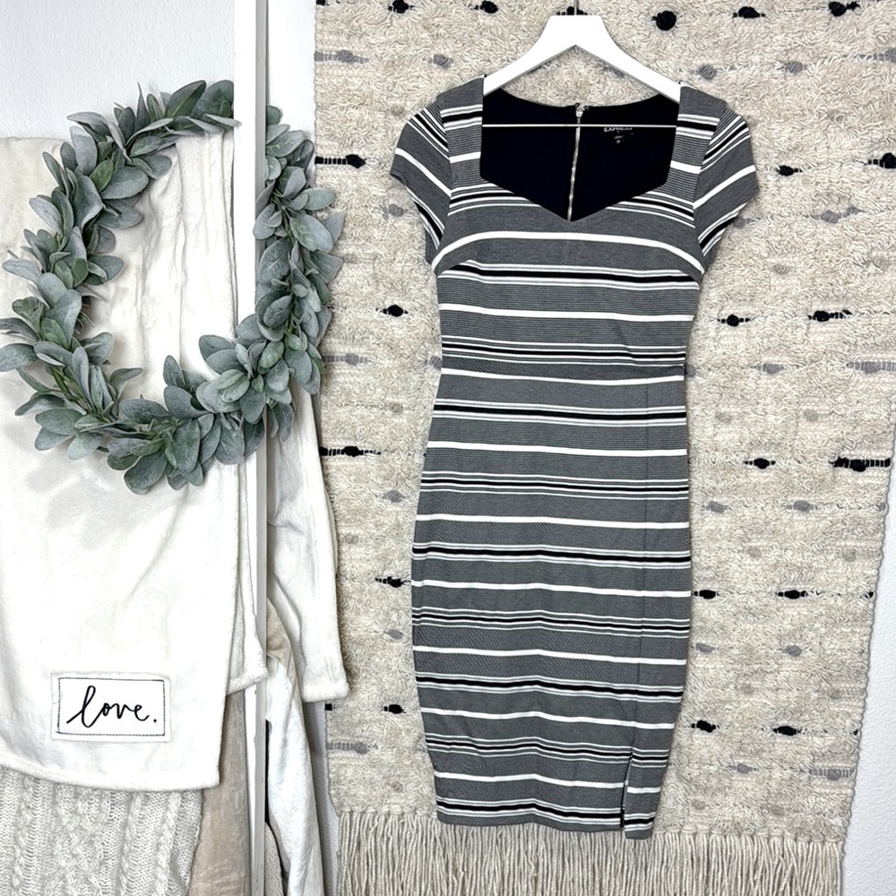 Express Gray striped  Bodycon Midi Dress Sweetheart Neckline size XS